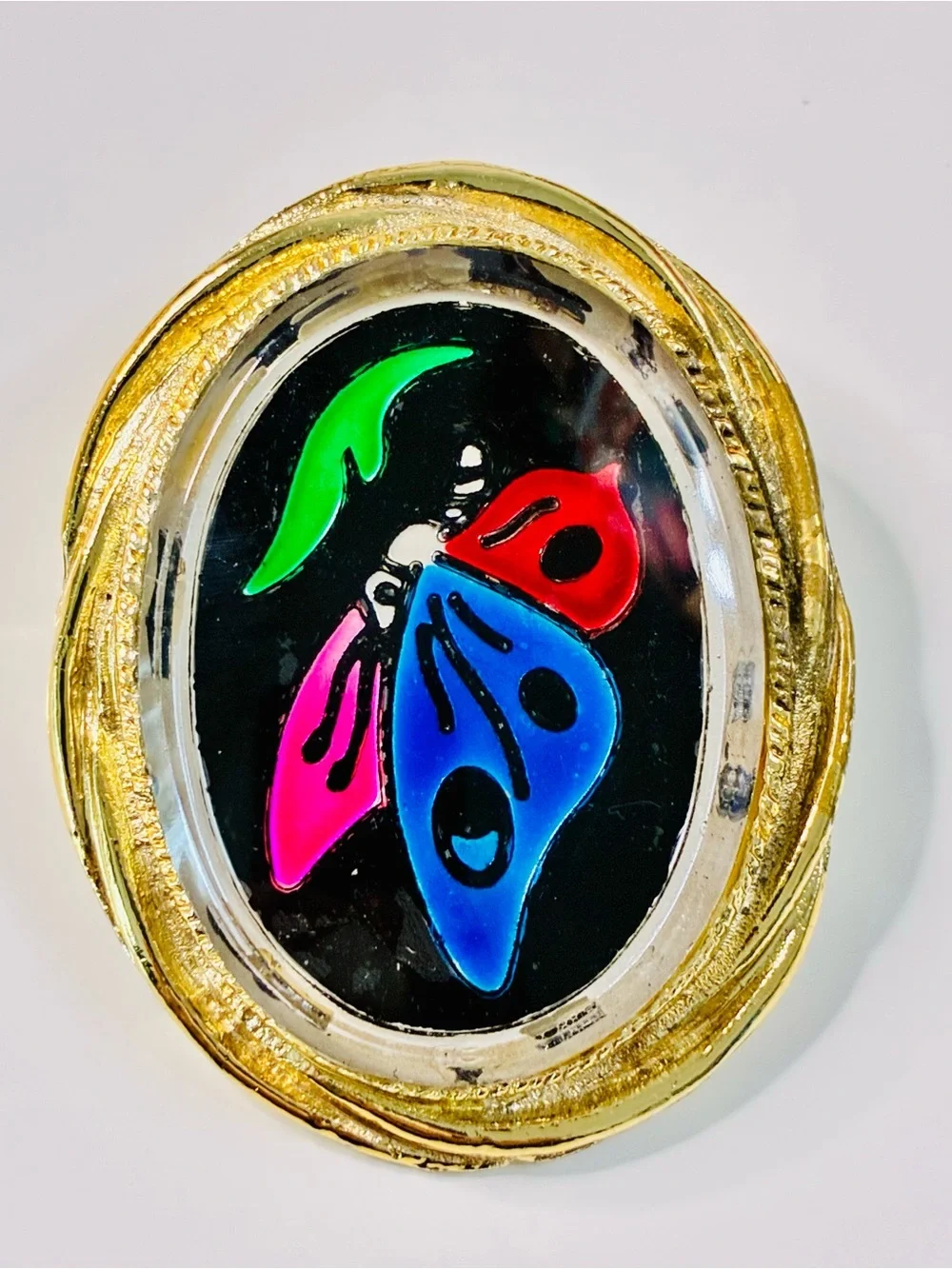 Colorful Butterfly Pendant Brooch in Gold-Tone Frame Unusual Eclectic EUC